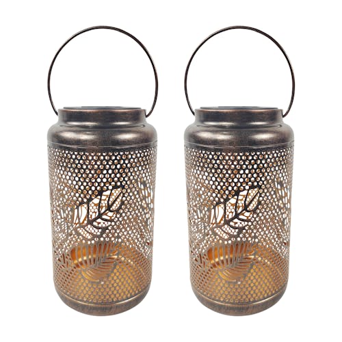 Bliss Outdoors Set of 2 9-inch Solar LED Bronze Lanterns with Berry Leaf Design.