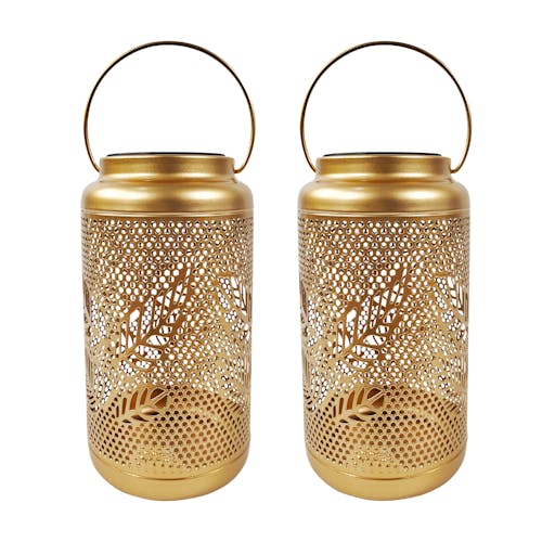 Bliss Outdoors Set of 2 9-inch Solar LED Gold Lanterns with Berry Leaf Design.