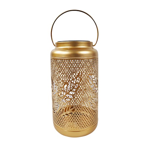 9-inch solar LED gold lantern with berry leaf design.