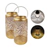 Bliss Outdoors set of 2 9-inch solar LED gold lanterns with circled images on the right showing the light pattern.