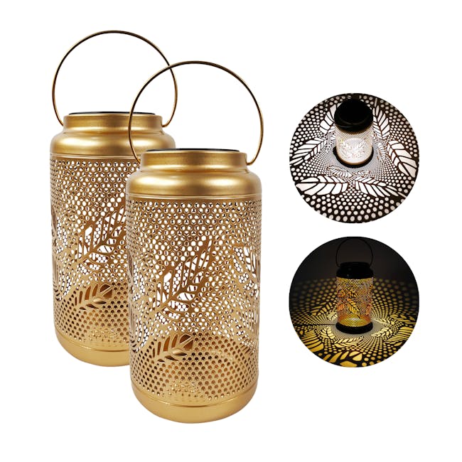 Bliss Outdoors set of 2 9-inch solar LED gold lanterns with circled images on the right showing the light pattern.