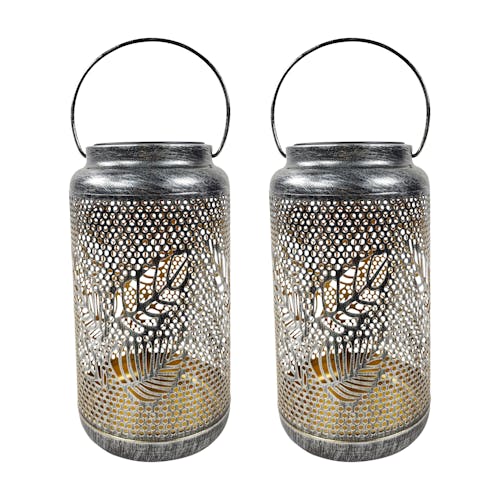 Bliss Outdoors Set of 2 9-inch Solar LED Silver Lanterns with Berry Leaf Design.