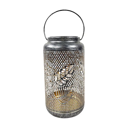9-inch solar LED silver lantern with berry leaf design.