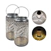 Bliss Outdoors set of 2 9-inch solar LED silver lanterns with circled images on the right showing the light pattern.