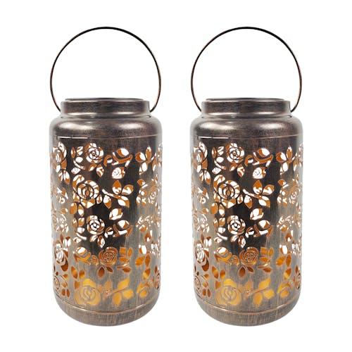 Bliss Outdoors Set of 2 9-inch Solar LED Bronze Lanterns with Rose Design.
