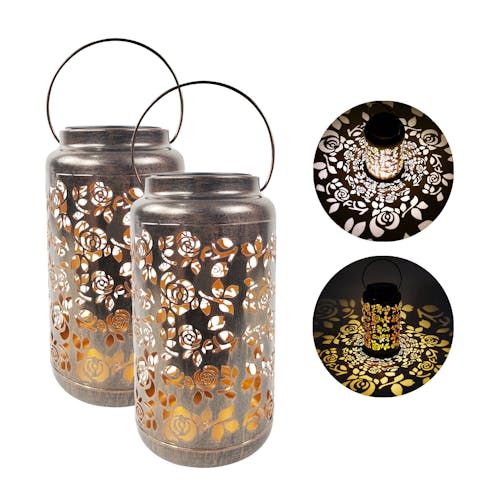 Bliss Outdoors set of 2 9-inch solar LED bronze lanterns with circled images on the right showing the light pattern.