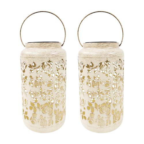 Bliss Outdoors Set of 2 9-inch Solar LED Antique White Lanterns with Rose Design.