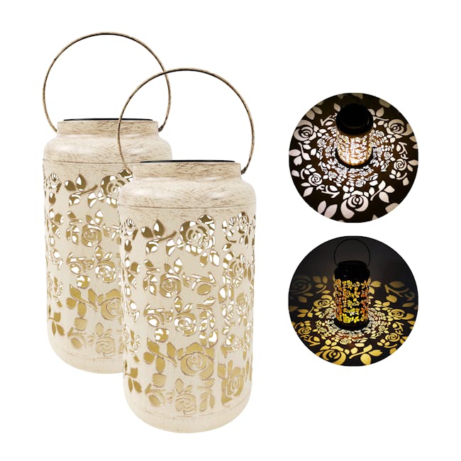 Bliss Outdoors set of 2 9-inch solar LED white lanterns with circled images on the right showing the light pattern.