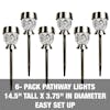 6-pack pathway lights are 14.5 inches tall and 3.75 inches in diameter. Easy set up.