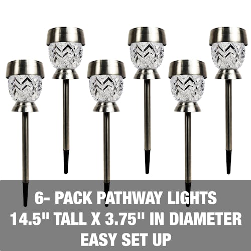6-pack pathway lights are 14.5 inches tall and 3.75 inches in diameter. Easy set up.