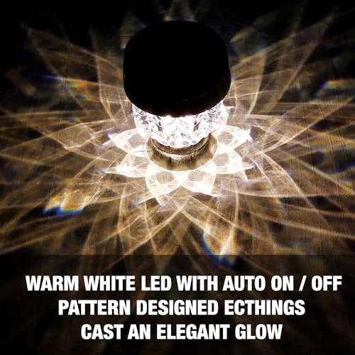 Warm white LED with auto on / off. Pattern designed etchings cast an elegant glow.
