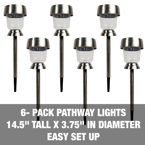 6-pack pathway lights are 14.5 inches tall and 3.75 inches in diameter. Easy set up.