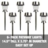 6-pack pathway lights are 14.5 inches tall and 3.75 inches in diameter. Easy set up.