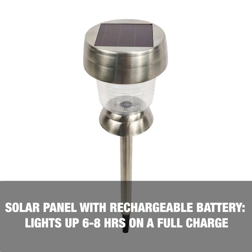 Solar panel with rechargeable battery: lights up 6-8 hours on a full charge.