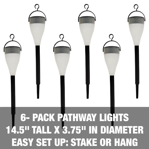 6-pack pathway lights are 14.5 inches tall and 3.75 inches in diameter. Easy set up.: stake or hang.