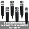 6-pack pathway lights: 14.5 inches tall and 3.75 inches in diameter. Easy set-up.