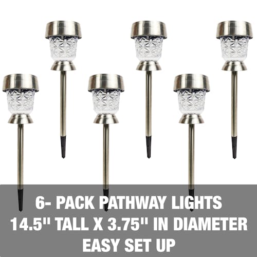 6-pack pathway lights are 14.5 inches tall and 3.75 inches in diameter. Easy set up.