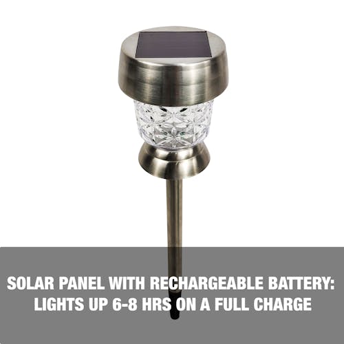 Solar panel with rechargeable battery: lights up 6-8 hours on a full charge.