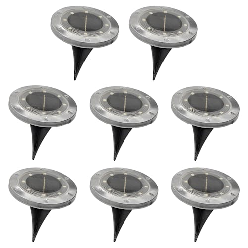 8-Pack of solar LED metal disc pathway lights.