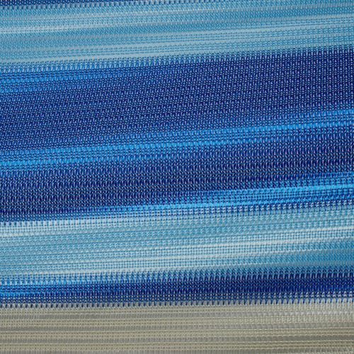 Close-up of the fabric and pattern, showing the different shades of blue stripes.