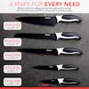 Infographic showing the 5 knives: 8-inch chefs knife, 8-inch bread knife, 8-inch slicing knife, 5-inch utility knife, and 3.5-inch paring knife.