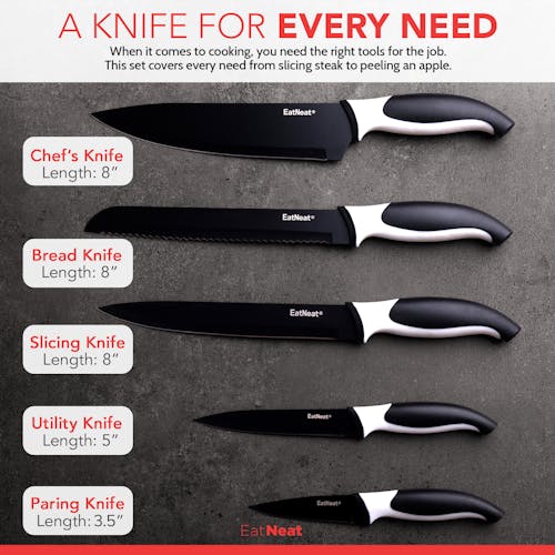 Infographic showing the 5 knives: 8-inch chefs knife, 8-inch bread knife, 8-inch slicing knife, 5-inch utility knife, and 3.5-inch paring knife.