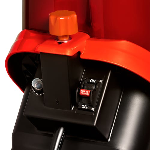 Close-up of the safety hopper locking knob on the Sun Joe 15-amp Electric Wood Chipper in red.