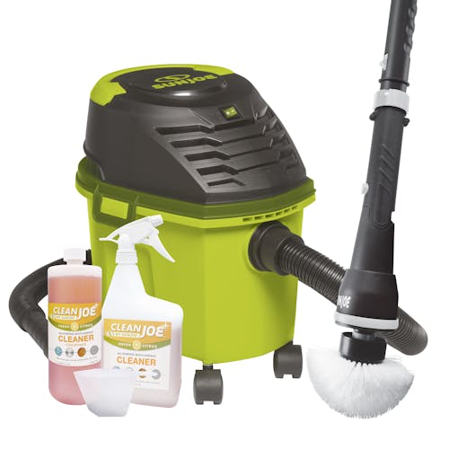 Sun Joe 2.6-gallon Ultra-Portable Wheeled Wet/Dry Vacuum, 32-ounce cleaner, spray bottle, measuring cup, and cordless power scrubber.