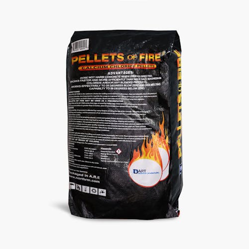 Bag of the 50-pound pellets of fire ice melt bag.