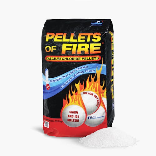 Pellets of Fire 50 pound bag of calcium chloride ice and snow melt with a pile of the melt in front of the bag.