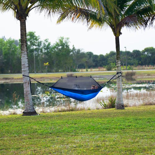 Person laying in the Bliss Hammocks 54-inch wide Royal Blue Camping Hammock with mosquito net between 2 trees near a body of water.