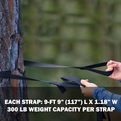 Each strap is 117 inches long and 1.18 inches wide with a 300 pound weight capacity per strap.