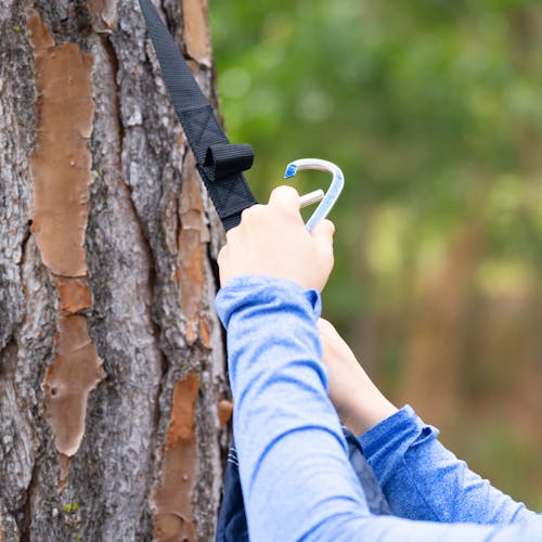 Person securing the hammock to the tree by connecting the carabiner to the tree strap.
