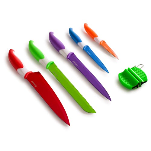 5 Multi-color knives and a knife sharpener.