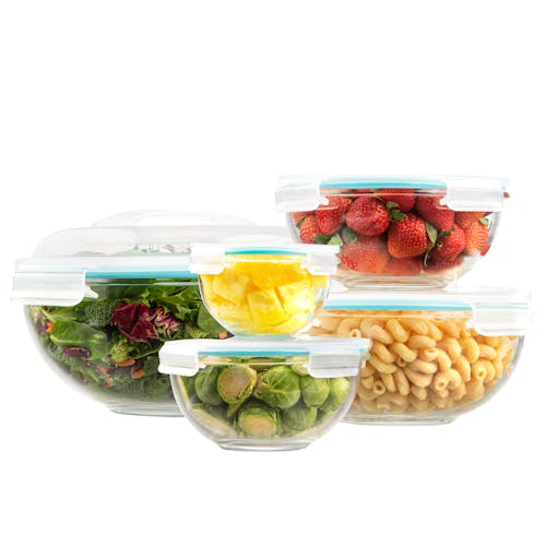 EatNeat 10-Piece Set of 5 Round Glass Storage Bowls with airtight locking lids filled with different foods.