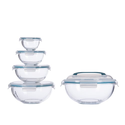 EatNeat 10-Piece Set of 5 Round Glass Storage Bowls with airtight locking lids.