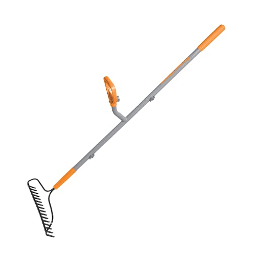 Left-side view of the ErgieSystems 55-inch Steel Shaft Strain Reducing Bow Rake with 16 tines.