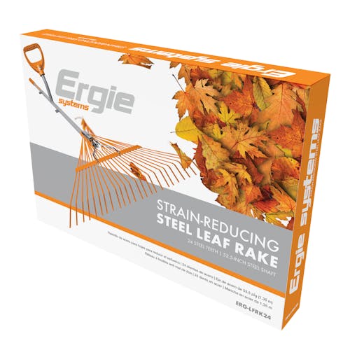 Packaging for the ErgieSystems 54-inch Steel Shaft Strain Reducing Steel Leaf Rake with 24 tines.