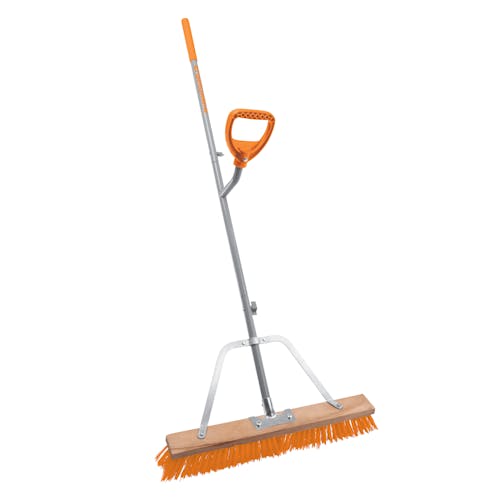 Angled view of the ErgieSystems 24-inch wide Steel Shaft Strain Reducing Indoor/Outdoor Push Broom.