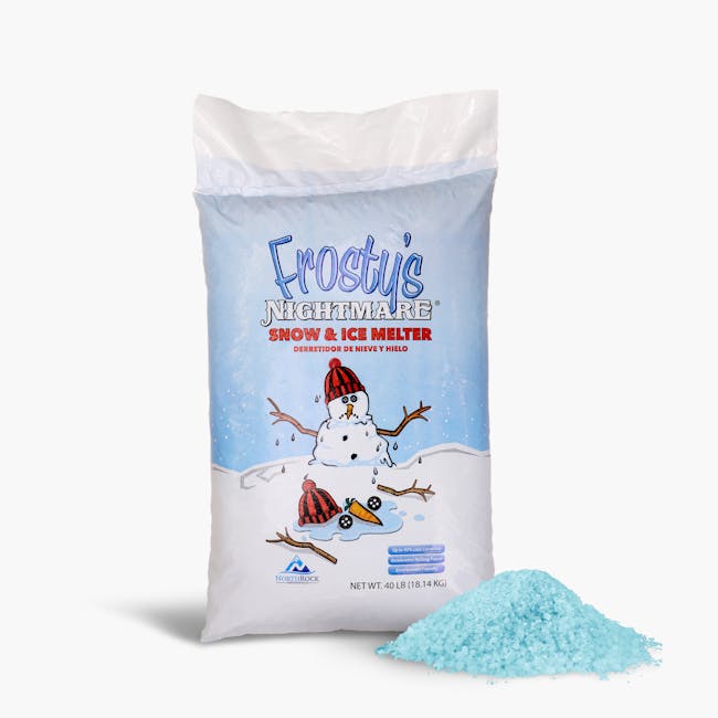 Frosty's Nightmare 40 pound bag of ice nd snow melt with a pile of the melt in front of the bag.