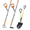 ErgieSystems 54-inch Steel Shaft Garden Soil Cultivator with a 54-inch shank pattern garden hoe and a 9-inch strain reducing garden shovel.