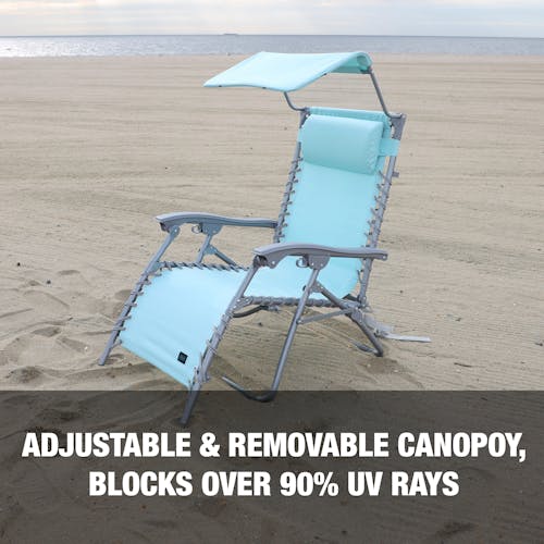 Adjustable and removable canopy that blocks over 90 percent of UV rays.