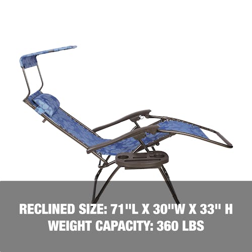 Reclined size: 71 inches long, 30 inches wide, 33 inches high, with a weight capacity of 300 pounds.