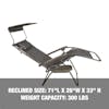 Reclined size: 71 inches long, 26 inches wide, 33 inches high, with a weight capacity of 300 pounds.