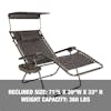 Reclined size: 71 inches long, 30 inches wide, and 33 inches high, with a weight capacity of 360 pounds.