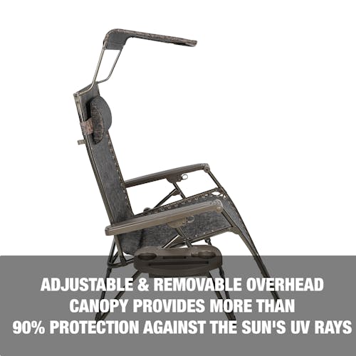 Adjustable and removable overhead canopy provides more than 90 percent protection against the sun's UV rays.