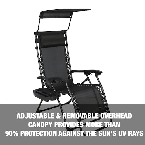 Adjustable and removeable overhead canopy provides more than 90 percent protection against the sun's UV rays.