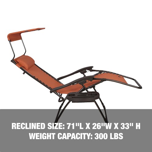 Reclined size: 71 inches long, 26 inches wide, 33 inches high, with a weight capacity of 300 pounds.