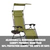 Adjustable and removable overhead canopy provides more than 90 percent protection against the sun's UV rays.