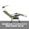 Reclined size: 71 inches long, 30 inches wide, and 33 inches high, with a weight capacity of 360 pounds.